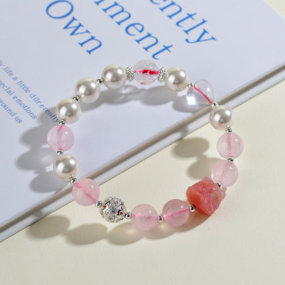 Natural Rose Quartz Pisces Crystal Bracelet with Shell Beads - Chinese Lion Dance Inspiration