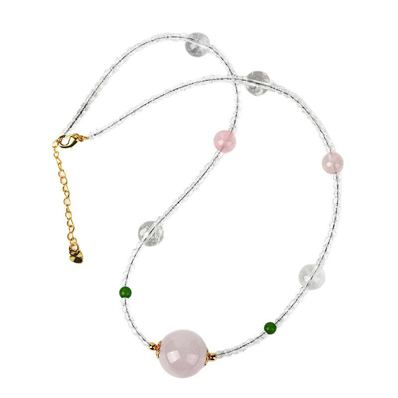 Natural White & Pink Crystal Round Bead Pendant Necklace | Spiritual Elegance & Protection