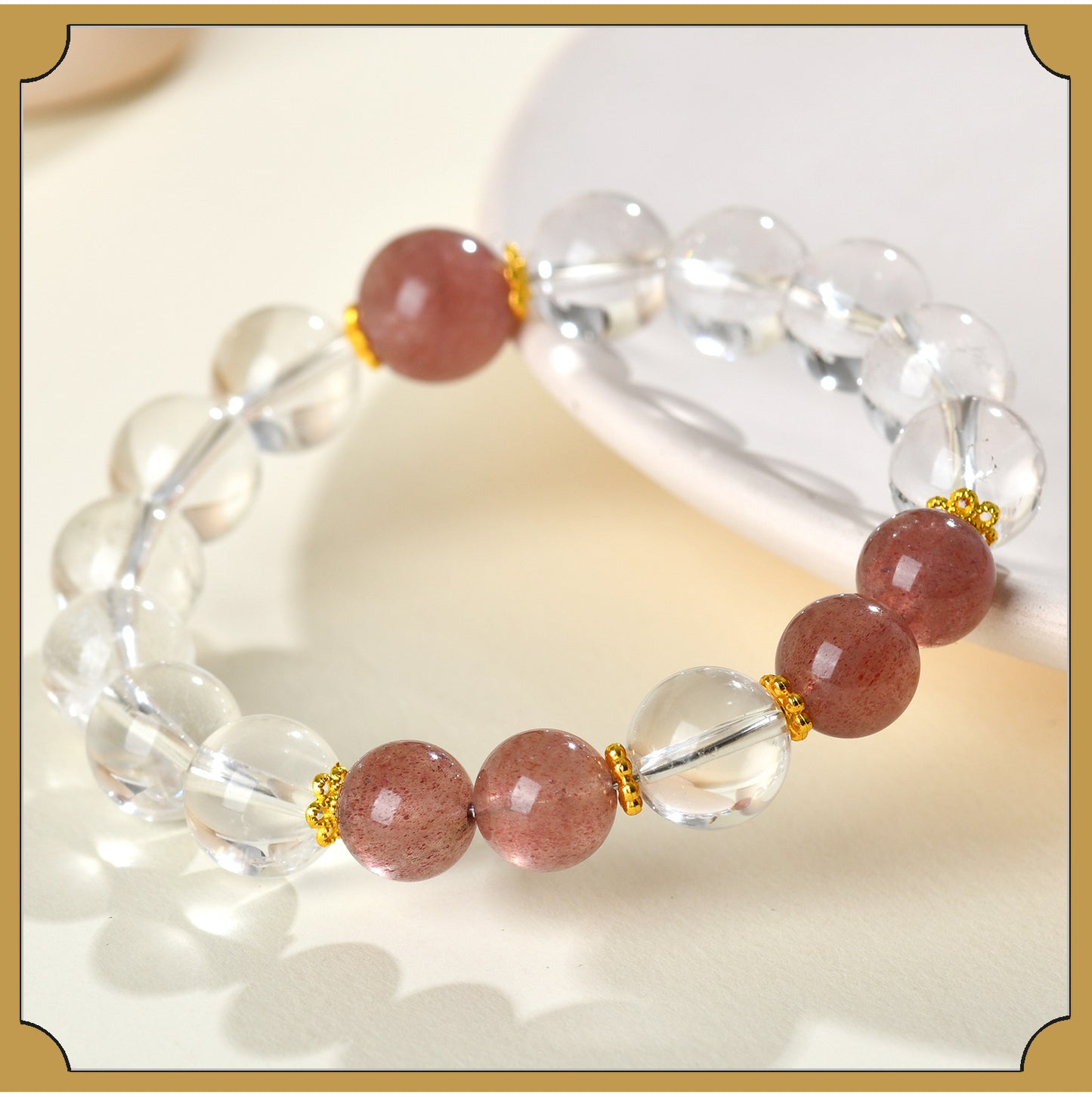 Natural Crystal Energy Bracelet with White Crystal, Obsidian, Strawberry Quartz, and Aquamarine | Spiritual Harmony & Protection