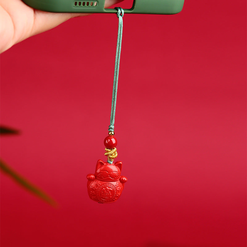 Natural Cinnabar Lucky Cat Nine-Tailed Fox Phone Charm - Wealth & Protection Amulet