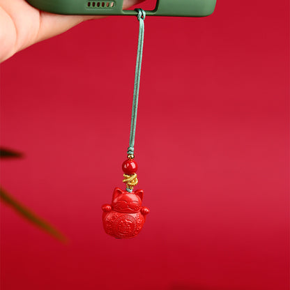 Natural Cinnabar Lucky Cat Nine-Tailed Fox Phone Charm - Wealth & Protection Amulet
