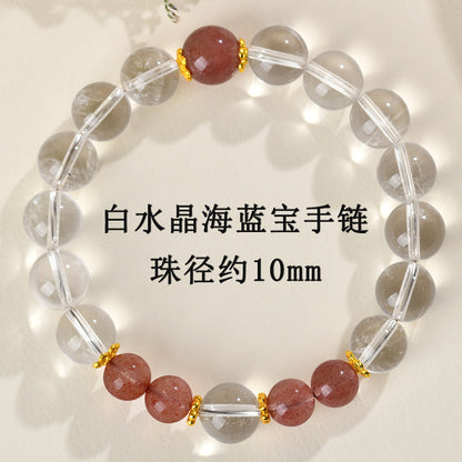 Natural Crystal Energy Bracelet with White Crystal, Obsidian, Strawberry Quartz, and Aquamarine | Spiritual Harmony & Protection