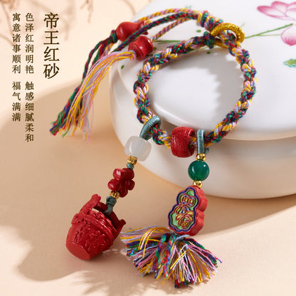 Natural Imperial Red Sand Gold Painted Gourd Keychain - Tibetan Style Luck & Protection Pendant