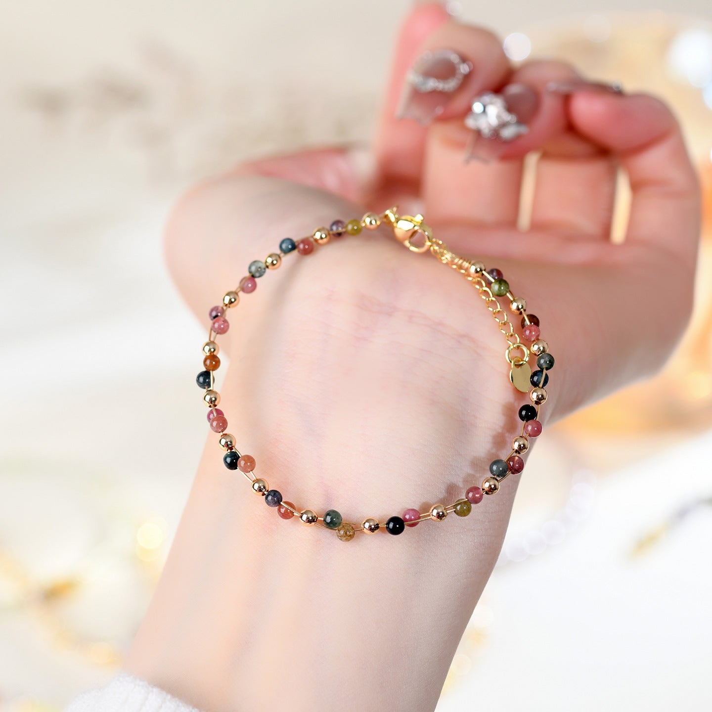 Natural Crystal Lapis Lazuli Tourmaline Red Agate Silk Wrapped Bracelet for Petite Women