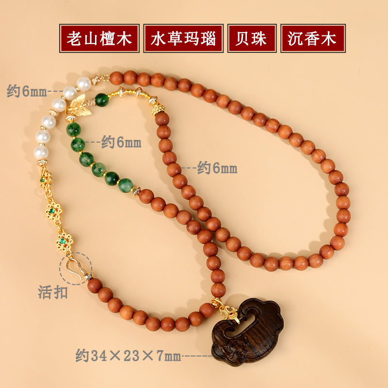 Sandalwood Agarwood Ruyi Pendant Necklace | Zen Buddhist Beads for Spiritual Harmony