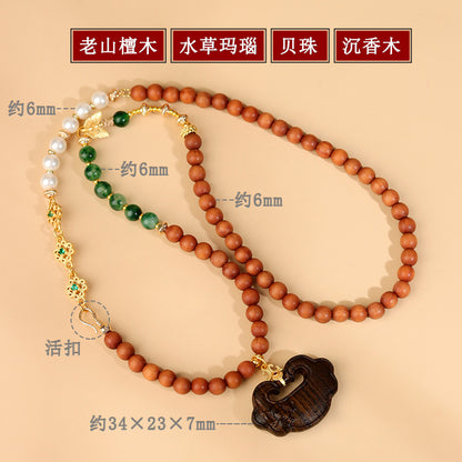 Sandalwood Agarwood Ruyi Pendant Necklace | Zen Buddhist Beads for Spiritual Harmony