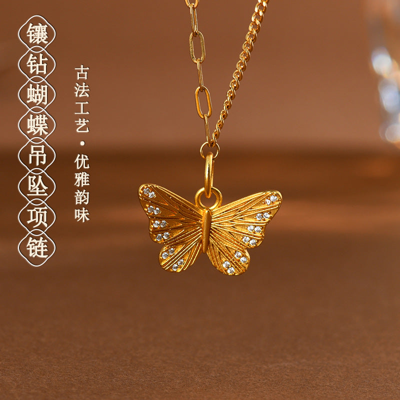 Golden Butterfly Diamond Pendant Necklace | Light Luxury Fashion Jewelry for Elegance