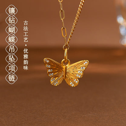 Golden Butterfly Diamond Pendant Necklace | Light Luxury Fashion Jewelry for Elegance
