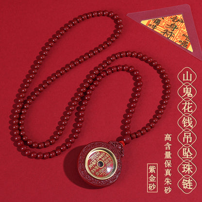 Natural High-Content Cinnabar Mountain Ghost Flower Pendant Necklace – Taoist Amulet for Protection and Wealth