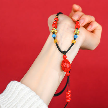 Imperial Natural Cinnabar Fu Character Drum Bead Pendant Necklace - Spiritual Protection Talisman