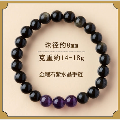 Natural Obsidian Crystal Bracelet with Golden Rutilated Quartz & Gemstones | Spiritual Protection & Wealth Attraction