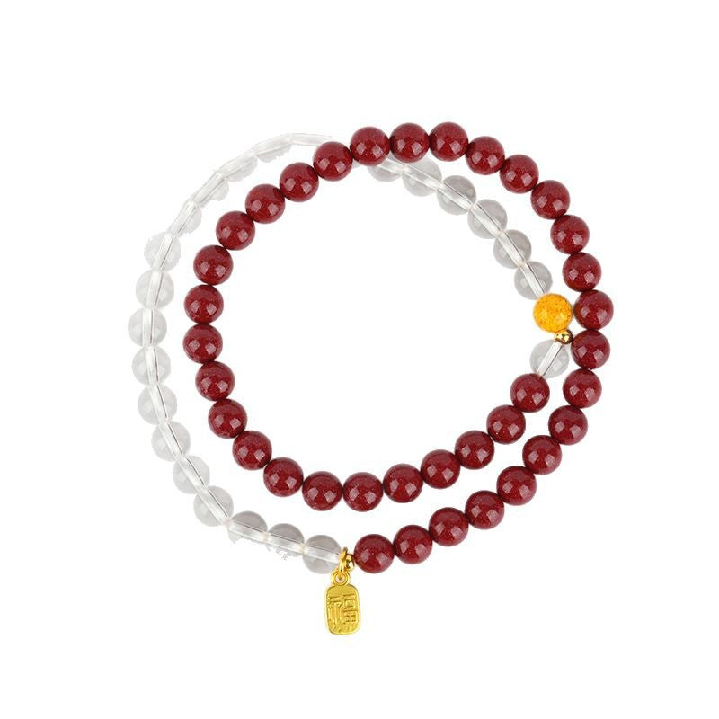 Natural Cinnabar Purple Gold Sand White Crystal Double Circle Buddhist Bead Bracelet for Women