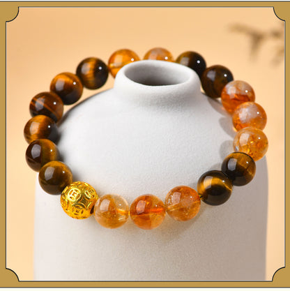 Yellow Tiger Eye Crystal Bracelet with Copper Coin Beads - Chinese Style Lucky Charm