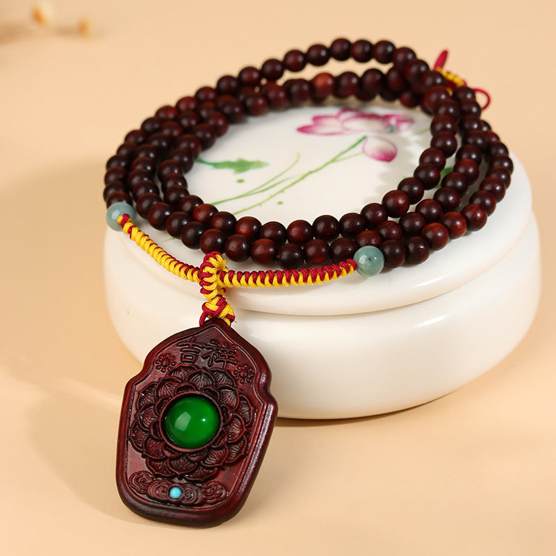 Small Leaf Red Sandalwood Double-Sided Carved Buddhist Bead Necklace - Zen Harmony & Protection