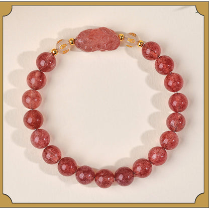 Natural Strawberry Quartz Obsidian Couple Pixiu Bracelet - Wealth and Love Talisman