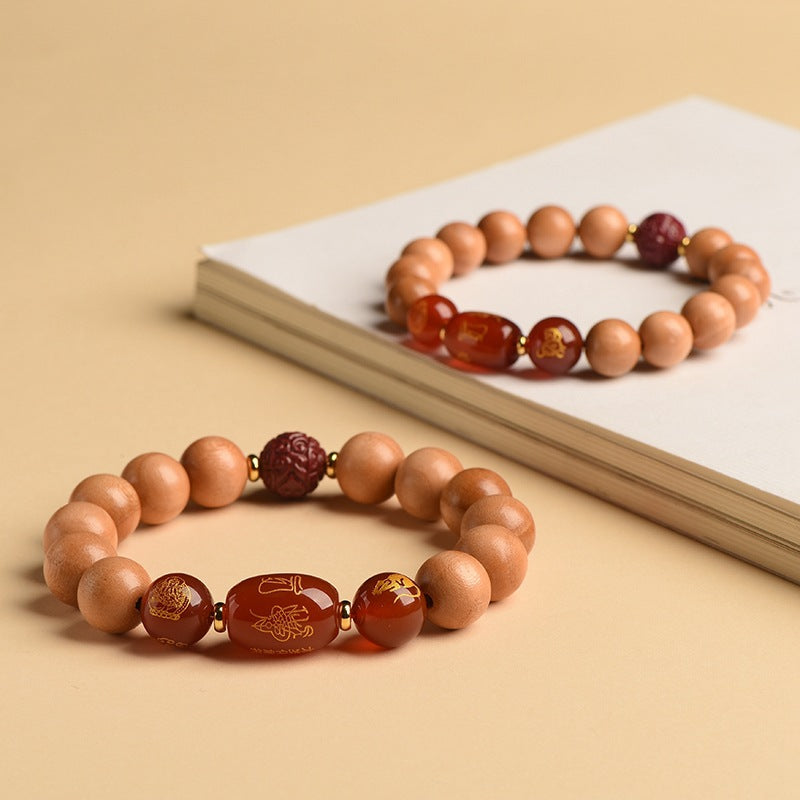 Ancient Peach Wood Cinnabar Zodiac Buddha Protection Bracelet for Harmony