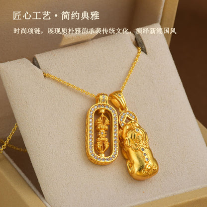 Gold Sand Gold Inlaid Diamond Pixiu Vajra Pendant Necklace | Ancient Craftsmanship Retro Collar Chain