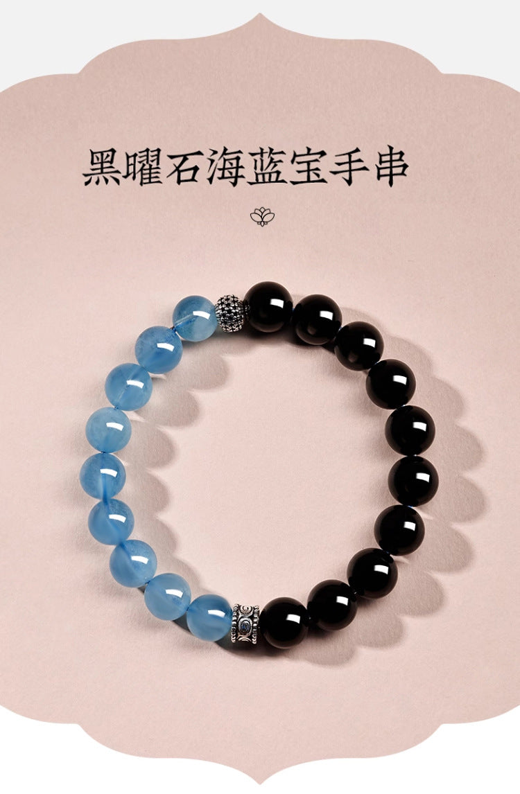 Natural Obsidian Aquamarine Crystal Bracelet - Couple Spiritual Harmony & Protection