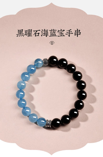 Natural Obsidian Aquamarine Crystal Bracelet - Couple Spiritual Harmony & Protection