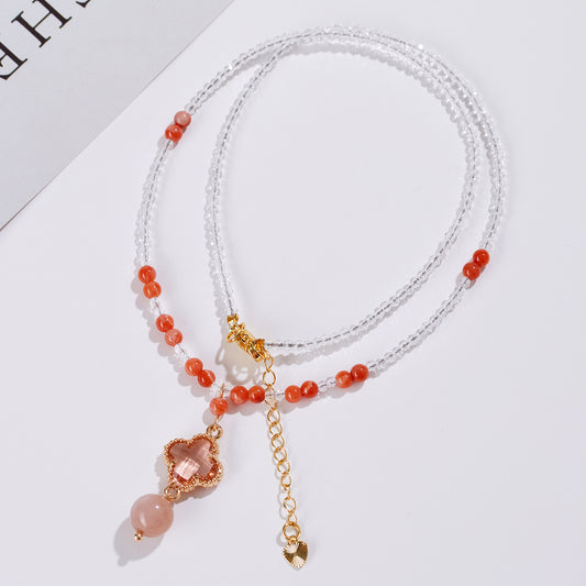 Natural White Crystal Agate Orange Moonstone Four-Leaf Clover Collarbone Necklace - Lucky Charm for Women