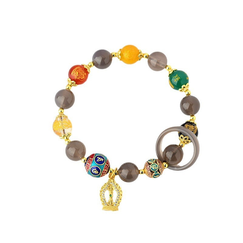 Natural Agate Five-Way God of Wealth Bracelet | Diamond Vajra Pendant for Prosperity