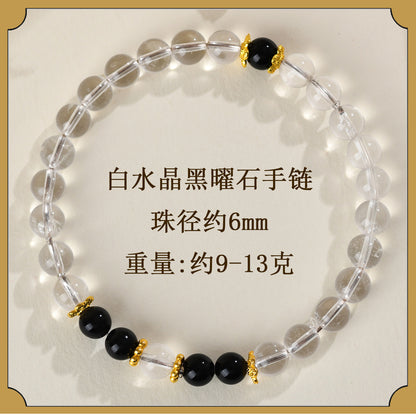 Natural Crystal Energy Bracelet with White Crystal, Obsidian, Strawberry Quartz, and Aquamarine | Spiritual Harmony & Protection