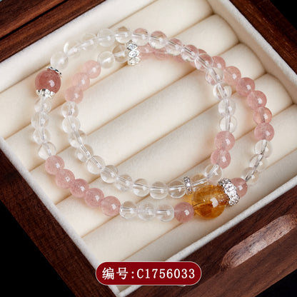 Strawberry Crystal & White Crystal Double Circle Bracelet - Peach Pink Love Charm for Women