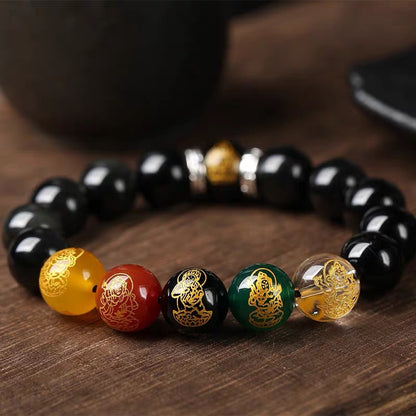 Five-Way God of Wealth Zodiac Guardian Buddha Agate Obsidian Bracelet - Fortune & Protection Talisman