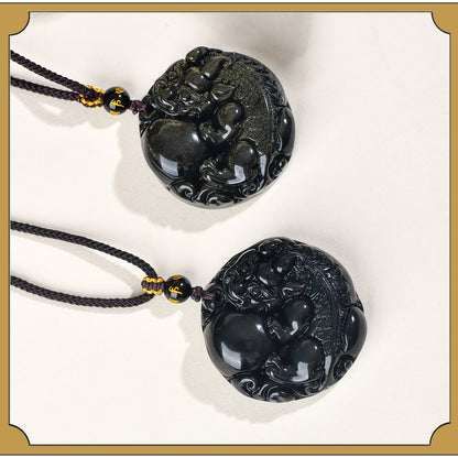 Natural Gold Obsidian Pixiu Pendant - Lucky Charm Necklace for Wealth and Protection