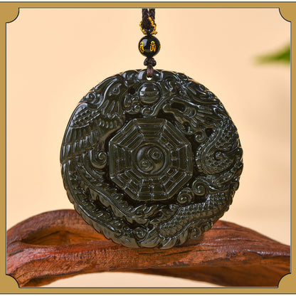 Natural Obsidian Dragon Phoenix Tai Chi Bagua Round Pendant Necklace - Harmony & Protection Amulet