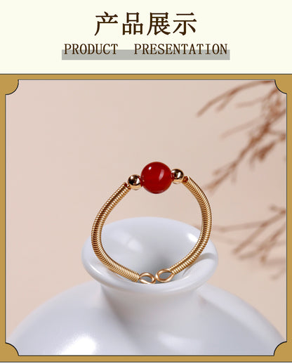 Handmade Crystal Agate Ring with Yellow Rutilated Quartz and Moonstone - Open Wire Wrapped Design for Wealth and Protection