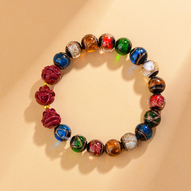 Five-Color Multi-Treasure Incense Ash Glaze Cinnabar Zodiac Bracelet - Dragon Year Tai Sui Protection