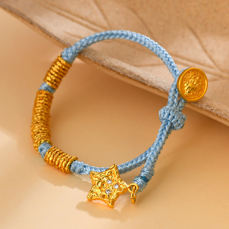 Golden Hammered Star Braided Bracelet | Ancient Craftsmanship Unisex Celestial Protection Jewelry