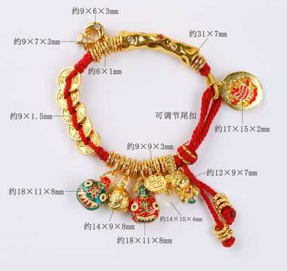 Gold Hammered Tibetan Wealth Bracelet with Five Emperors Money & Coiled Beast Family