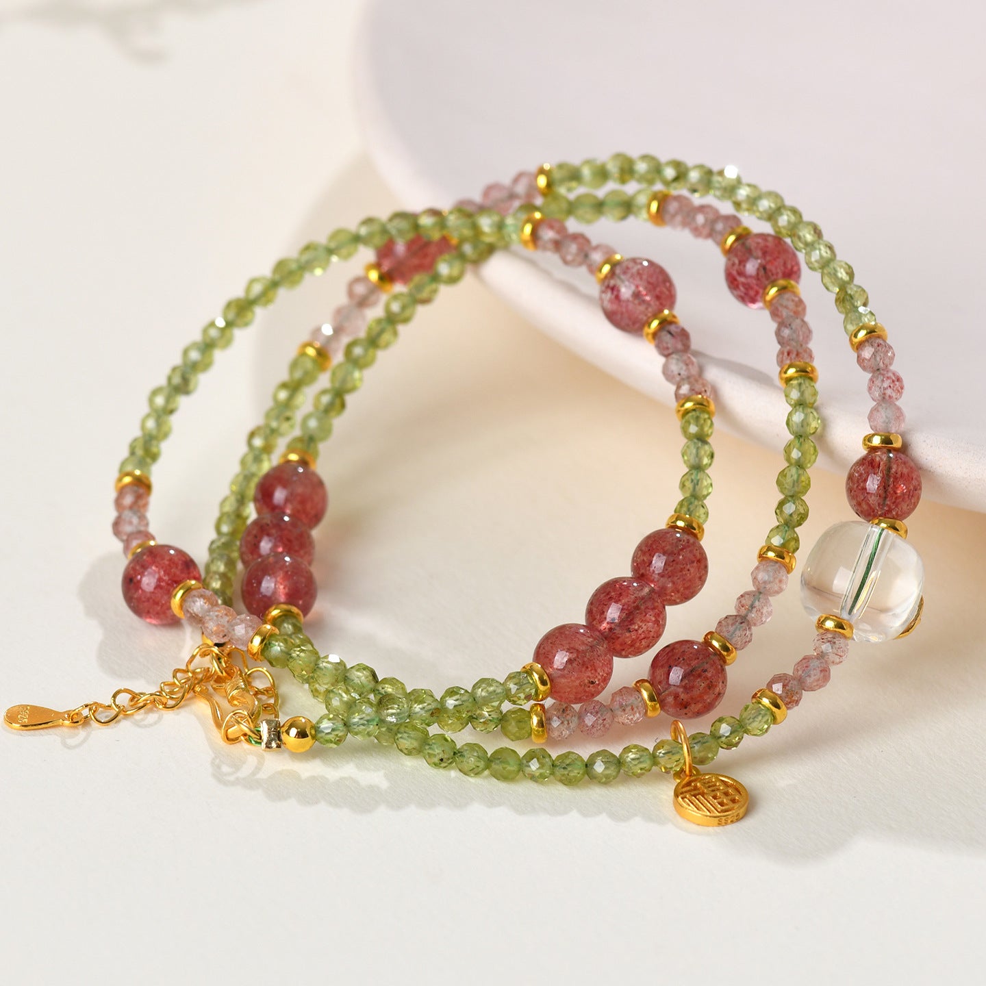 Natural Peridot Strawberry Crystal Multi-Circle Bracelet & Necklace | S925 Silver Dual-Use Women's Spiritual Jewelry