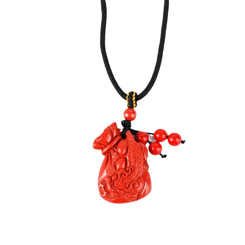 Imperial Red Sand Pixiu Lucky Bag Pendant Necklace - Wealth Attraction & Protection Amulet