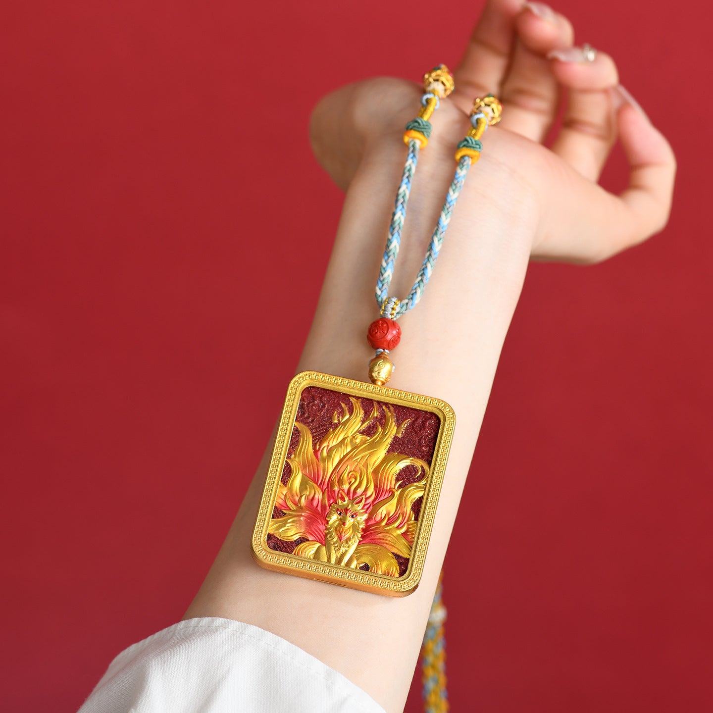 Purple Gold Cinnabar Relief Nine-Tailed Fox Thangka Pendant - Tibetan Handwoven Necklace for Spiritual Protection