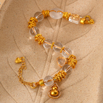 Golden Coiled White Crystal Bracelet with White Agate Peace Buckle - New Chinese Style Spiritual Jewelry