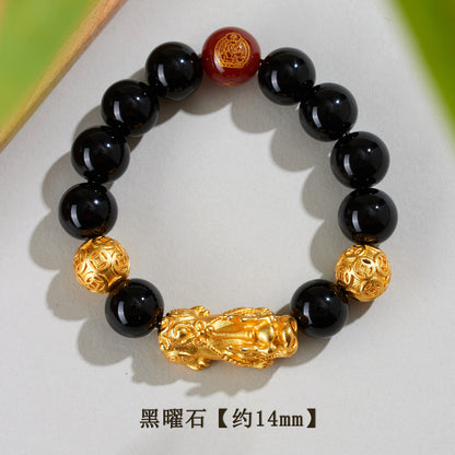 Natural Obsidian Gold Pixiu Zodiac Buddha Bracelet for Wealth Protection and Spiritual Harmony