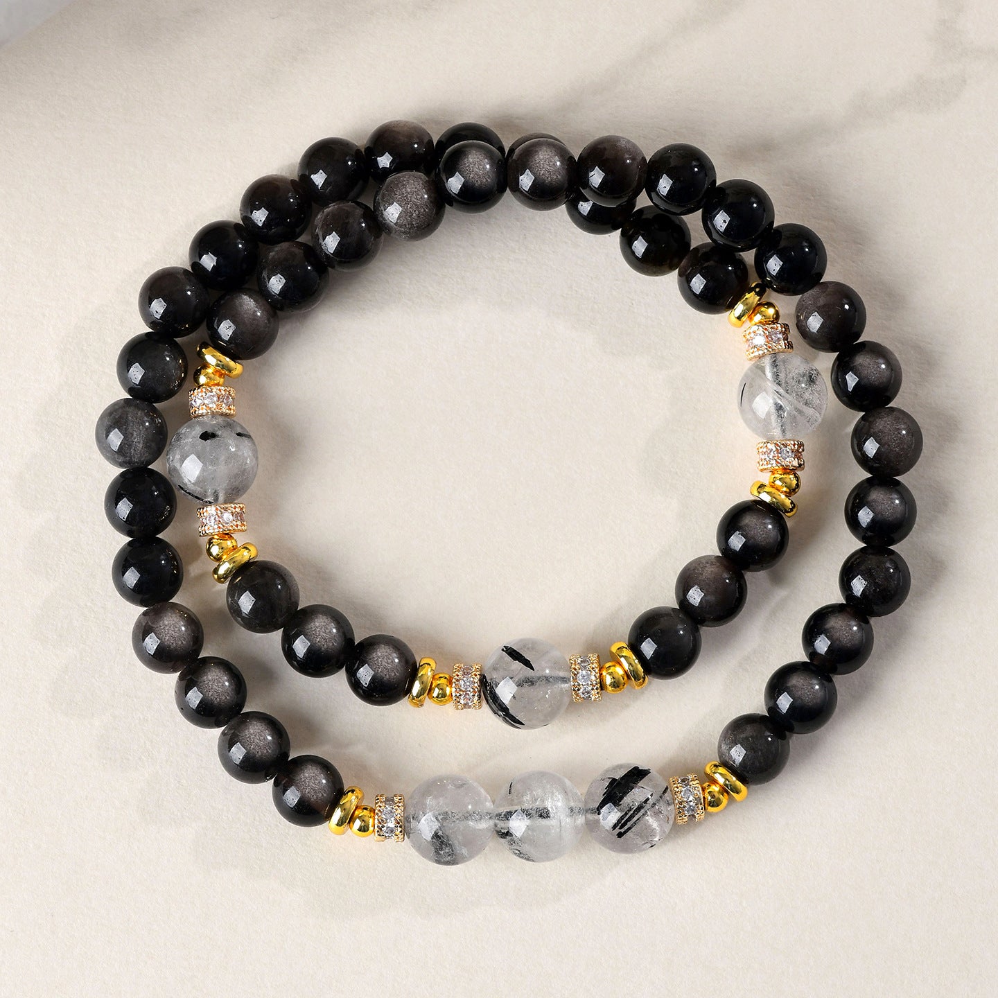 Natural Silver Obsidian & Black Rutilated Quartz Double Circle Bracelet | Chinese Style Spiritual Protection Jewelry