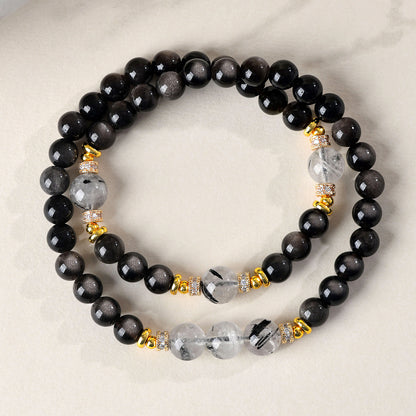 Natural Silver Obsidian & Black Rutilated Quartz Double Circle Bracelet | Chinese Style Spiritual Protection Jewelry