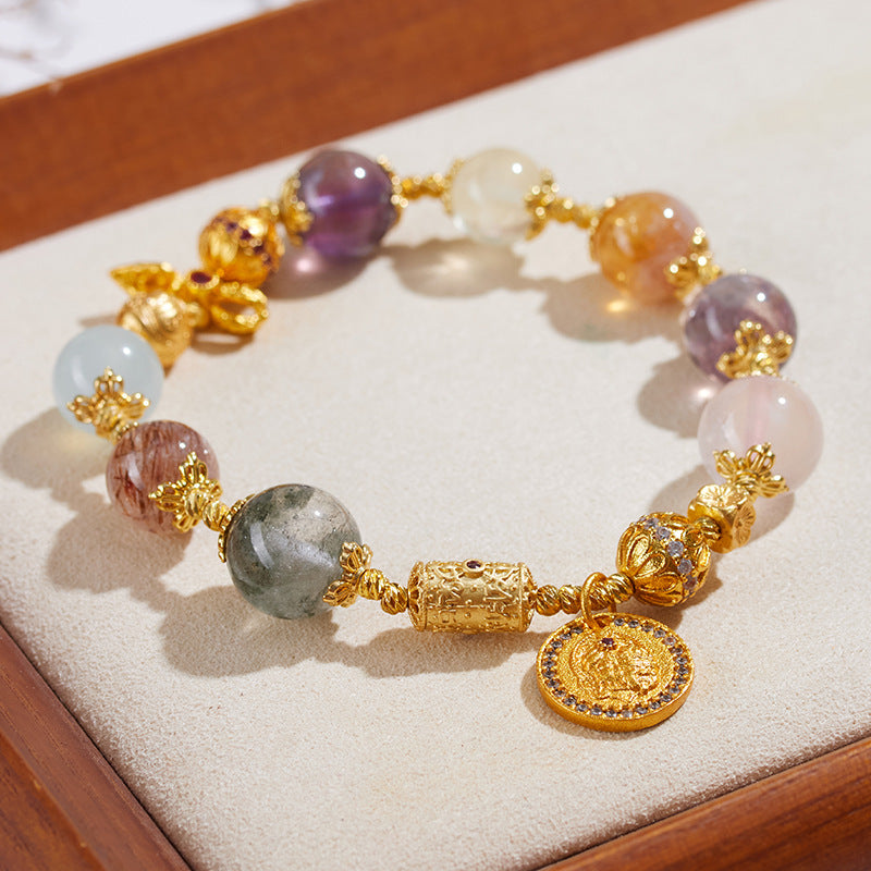 Natural Crystal Multi-Gem Bracelet with Amethyst & Aquamarine | Feng Shui Protection