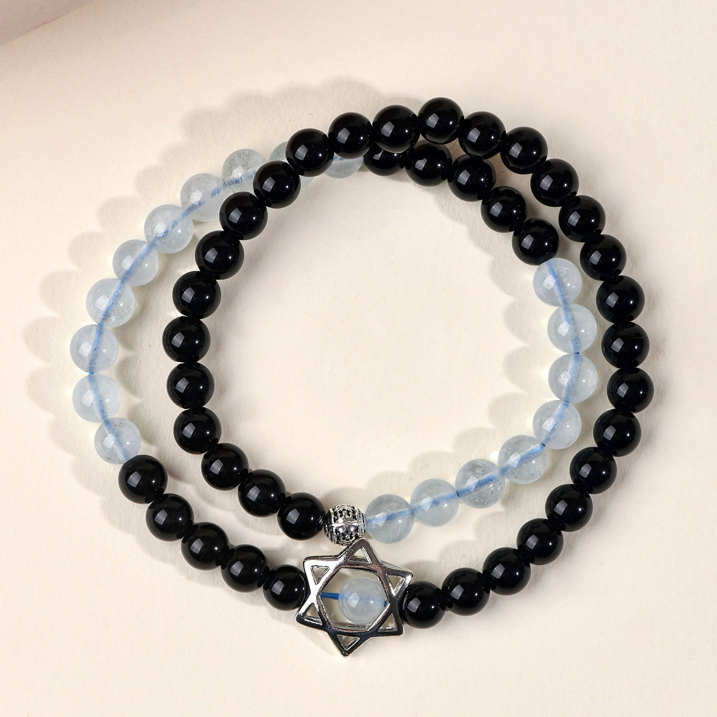 Natural Obsidian Aquamarine Double Circle Hexagram Bracelet - Spiritual Protection & Harmony