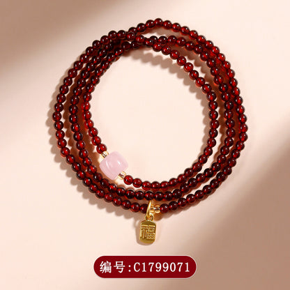 Natural Crystal Garnet Rose Quartz Hetian Jade Three-Circle Bracelet | Wealth Love Protection Talisman