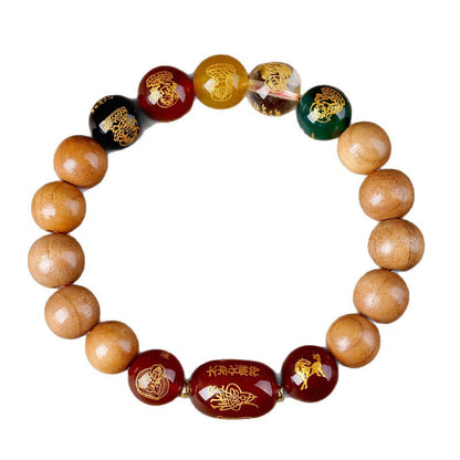 Natural Peach Wood Agate Five-Way Wealth God Fortune Bracelet for Zodiac Birth Year
