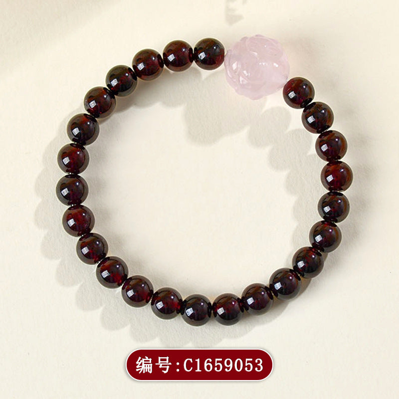 Natural Crystal Garnet Rose Quartz Fox Bracelet - Chinese Style Women's Spiritual Jewelry