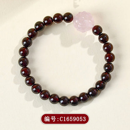 Natural Crystal Garnet Rose Quartz Fox Bracelet - Chinese Style Women's Spiritual Jewelry