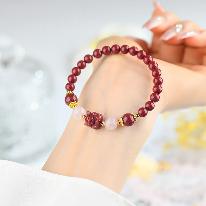 Natural High Content Cinnabar Nine-Tailed Fox Pink Crystal Bracelet - Chinese Artistic Retro Amulet