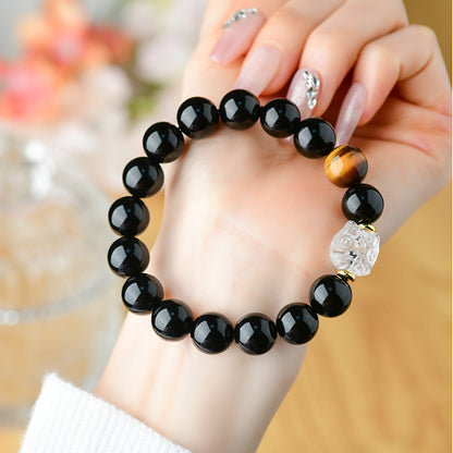 Natural Obsidian Bracelet with White Crystal Lion Awakening - Unisex Spiritual Protection Beaded Jewelry