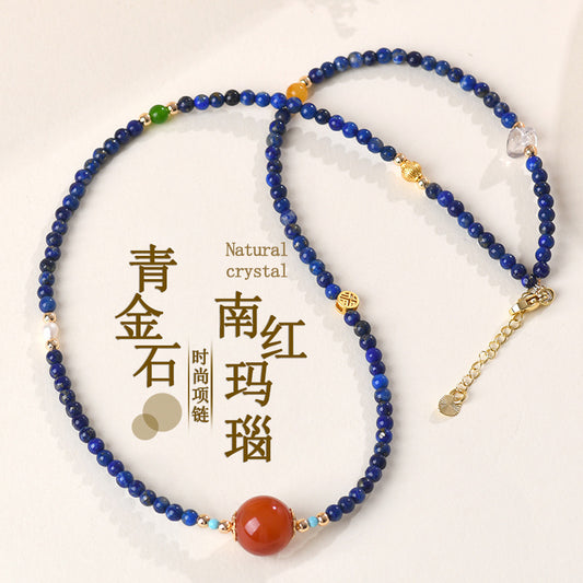 Natural Lapis Lazuli and Southern Red Agate Collarbone Necklace | Wisdom and Protection Talisman
